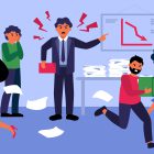 Angry boss shouting at people in office flat vector illustration. Cartoon employees working in hurry, panic and stress. Corporate chaos and deadline concept